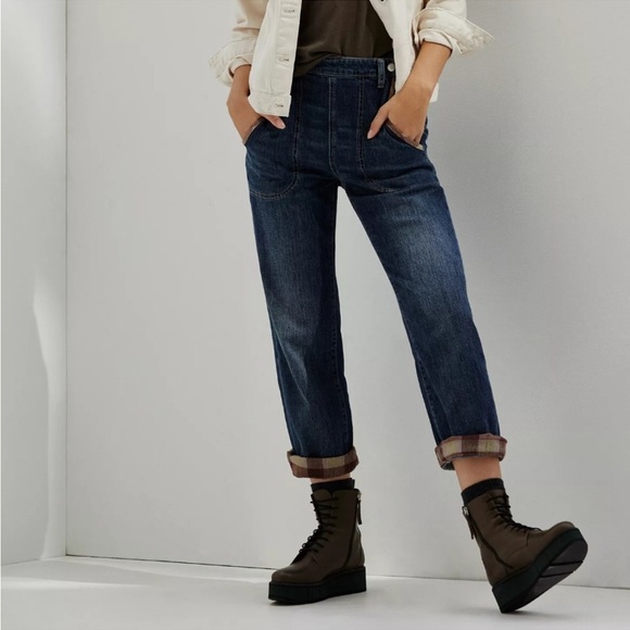 Pilcro and the Letterpress Denim - NWOT Anthropologie Pilcro Hi-Rise Plaid Trimmed Cropped Boyfriend Jeans